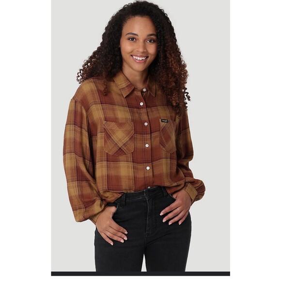 Wrangler Plaid Girlfriend Cropped Puff Sleeve Plaid Shirt Cinnamon L - Picture 1 of 7